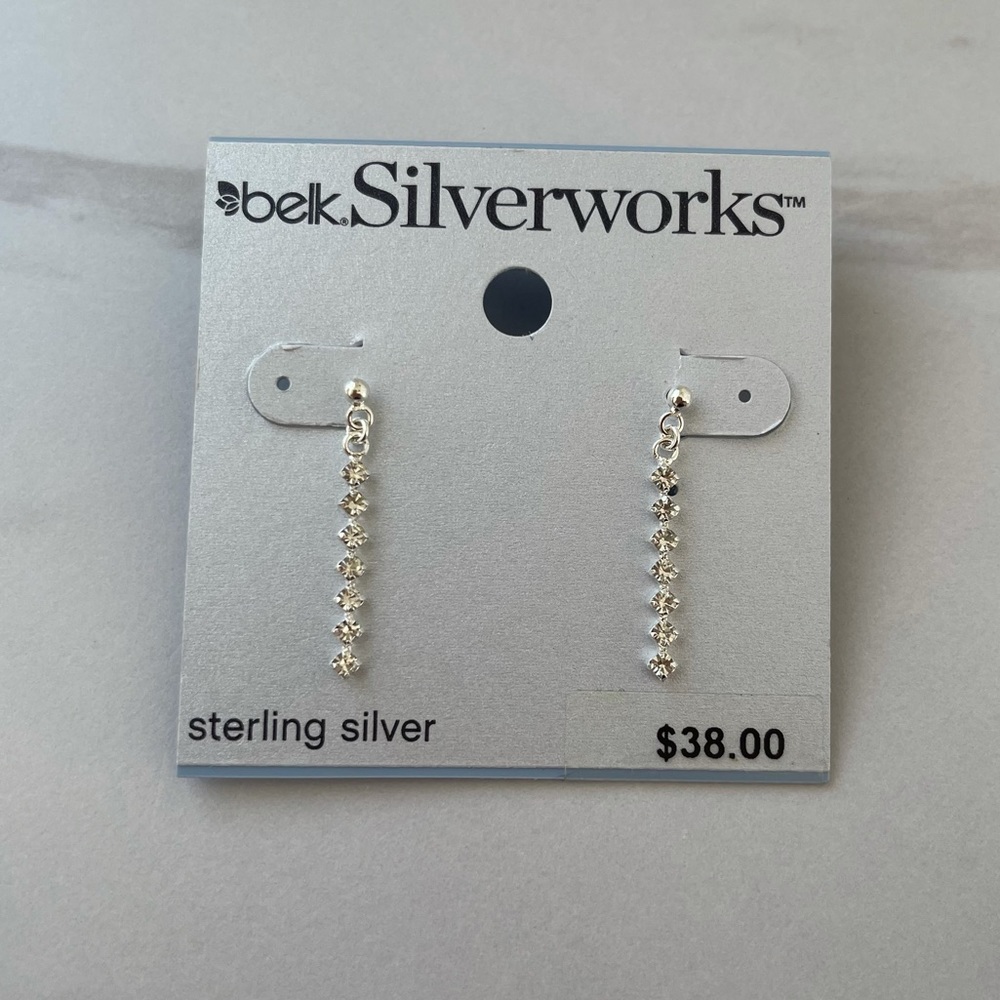 Sterling Silver 925 long rhinestone earrings minimalist prom wedding bridal - Picture 4 of 10